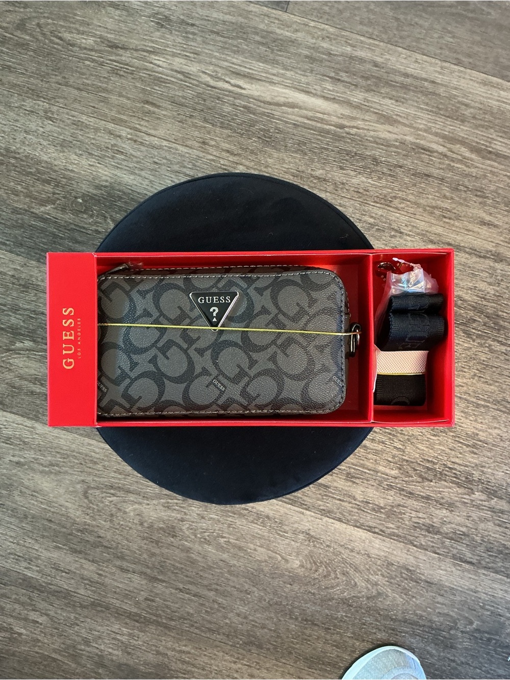 GUESS Black Monogram Zip Card Holder with Strap